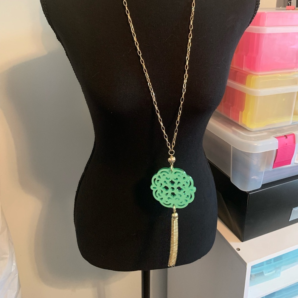 Seagreen mandala on gold tone chain
